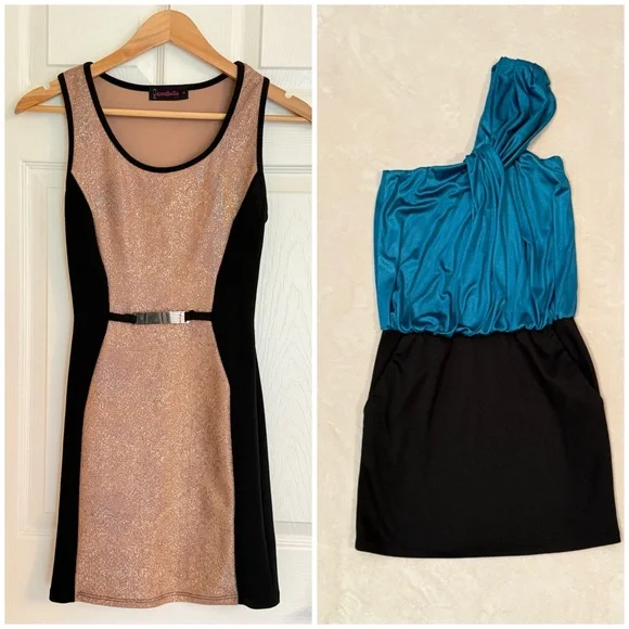 Size S Dress Bundle Elegant Black & Gold Dress, shiny one shoulder teal dress - Picture 1 of 1